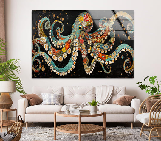 Vibrant glass wall art decor features a richly saturated octopus in ethnic patterns against a dark background.