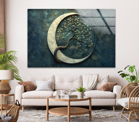 This artwork captures the serenity of a tree growing from a moon, symbolizing balance and tranquility.