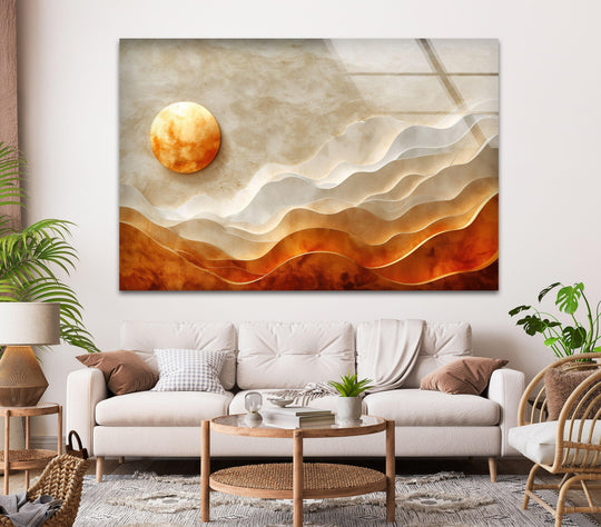Golden Sun Art Deco glass wall art features a glossy finish, perfect for unique modern wall decor.