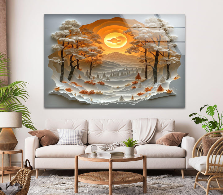 Modern glass decor with an intricate cutout-style nature scene.
