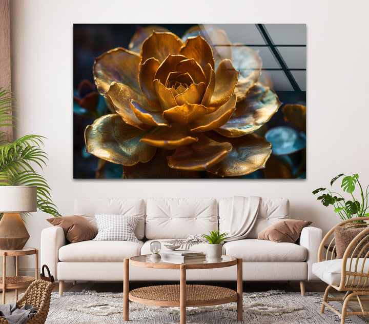 Golden Flower Glass Wall Art, Glass Printing Wall Art, Print photos on glass