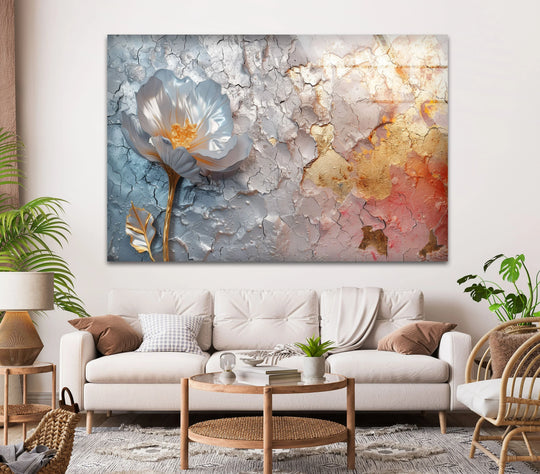 Showcasing the layering effect, this silver flower abstract glass wall artwork features an artistic fusion of textures and a luminous floral design on glass.