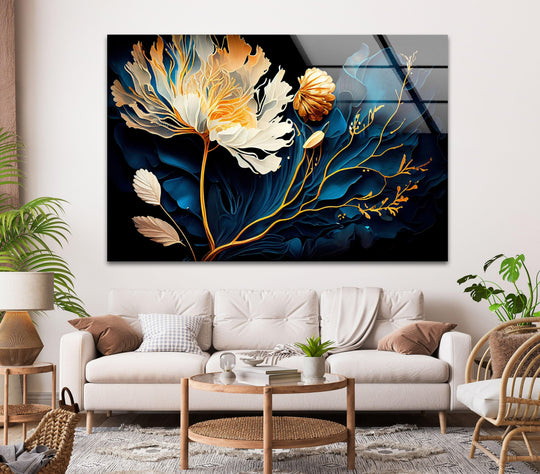 Elegant dark backdrop with flowing teal and gold hues enhances the botanical flower alcohol ink glass art in this interior setting, displaying exceptional glass art.