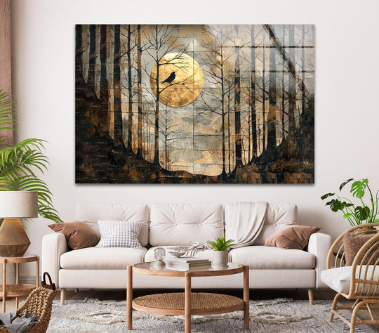 This glass wall art shows a moonlit forest and trees and a crow and is mystical moonlit forest wall decor for nature and gothic decor lovers