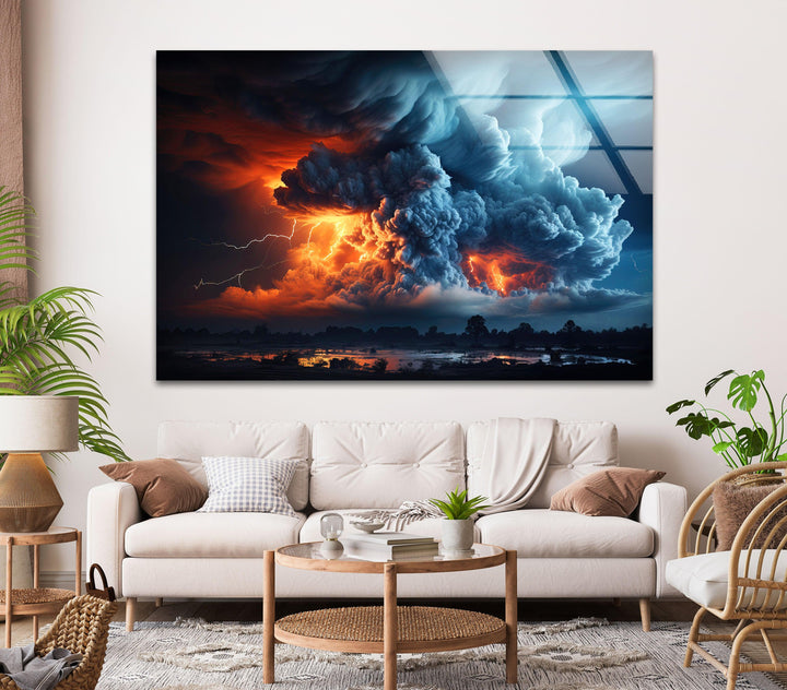 Inferno Storm Glass Wandkunst: Ein feuriger Zusammenprall von Wolken und Blitzen