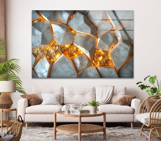 White gold marble mosaic glass art painting with realistic depth and intricate crackle details.