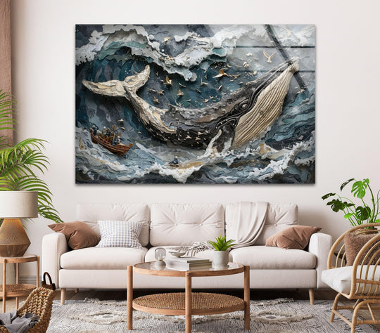 A majestic whale breaks the ocean's stillness on this impressive glass printing art, creating a serene marine scene.