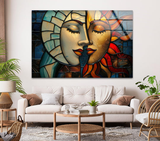 A striking stained-glass artwork of a dual-faced woman adorns the background wall, a captivating piece for home decoration.