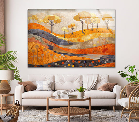 Forest Landscape Painting glass wall art shows an abstract landscape with golden trees and autumn colors and it is stunning glass landscape decor and cool art