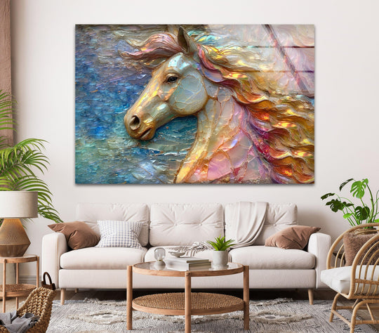 Serene, ethereal glass art painting of a majestic horse head with flowing, iridescent mane creates a tranquil and magical mood.
