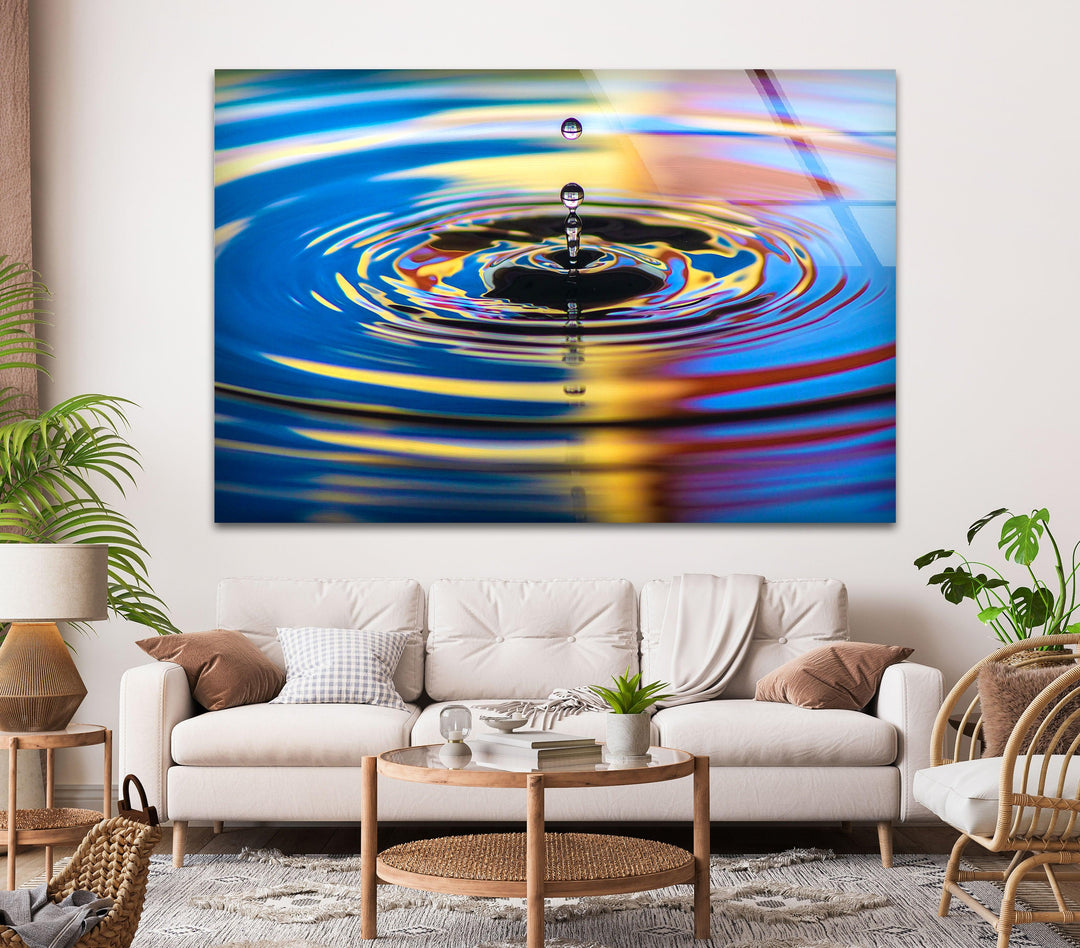 Vibrant ripple effect glass art with a mix of deep blues, golds, and light reflections.
