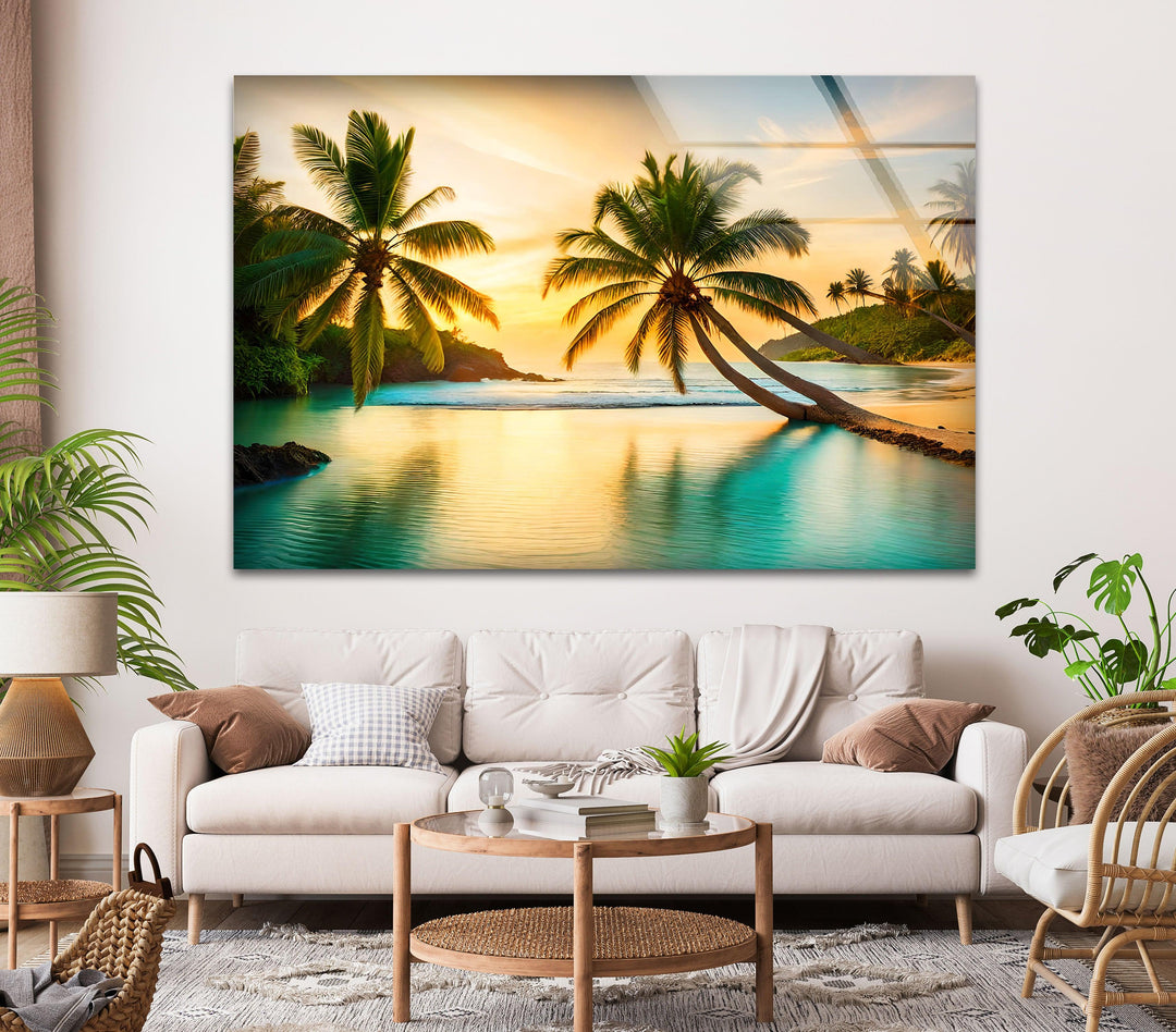 Scenic island retreat with a glowing sunset and serene waters.
