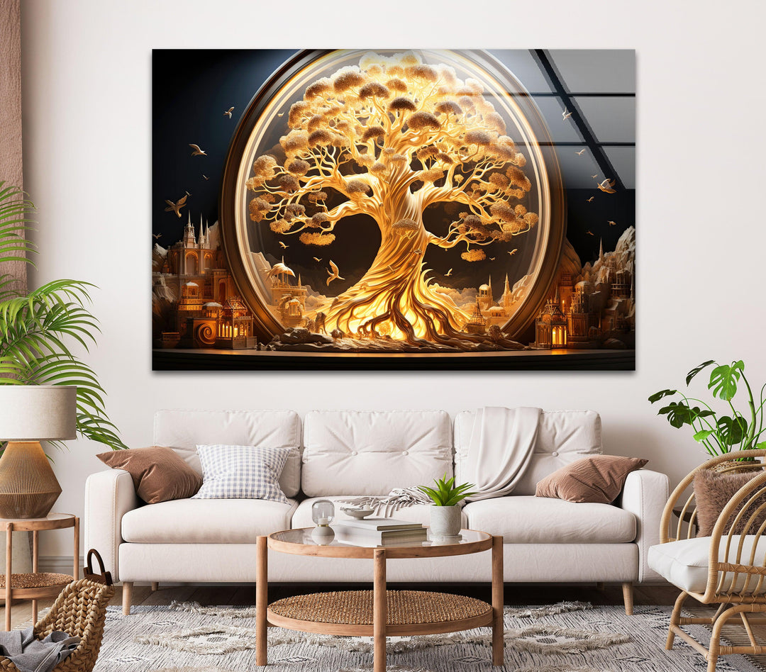 Glass wall art featuring a mythical golden tree and enchanted cityscape.

