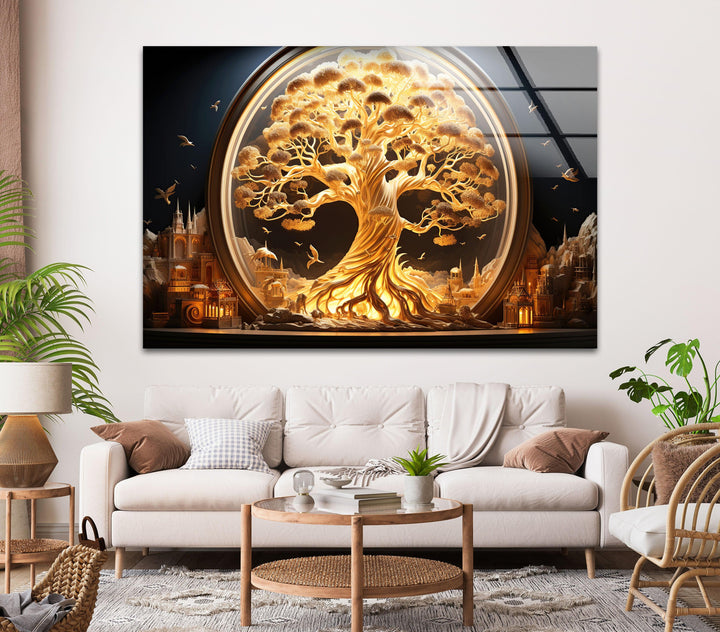 Glass wall art featuring a mythical golden tree and enchanted cityscape.
