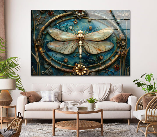 Vintage dragonfly glass printing art centered on the brightest area of the artwork, featuring iridescent wings and ornate details.