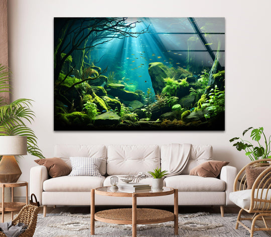 This landscape glass wall art shows an underwater forest with aquatic wildlife and sunbeams and is perfect for nature lovers seeking forest wall art