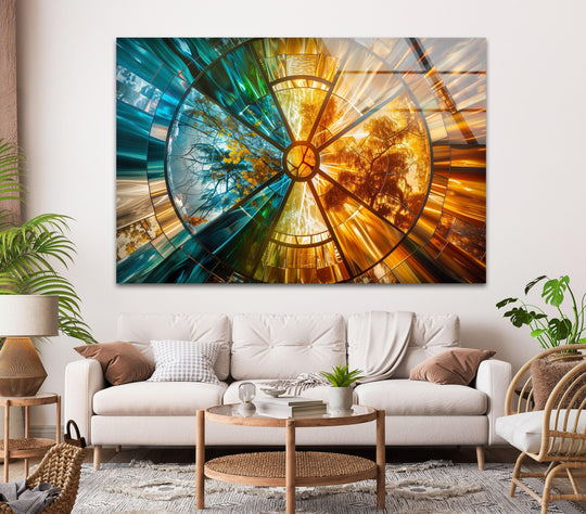 Smooth, iridescent glass wall art decor featuring a radial abstract design with a segmented, jewel-toned texture.