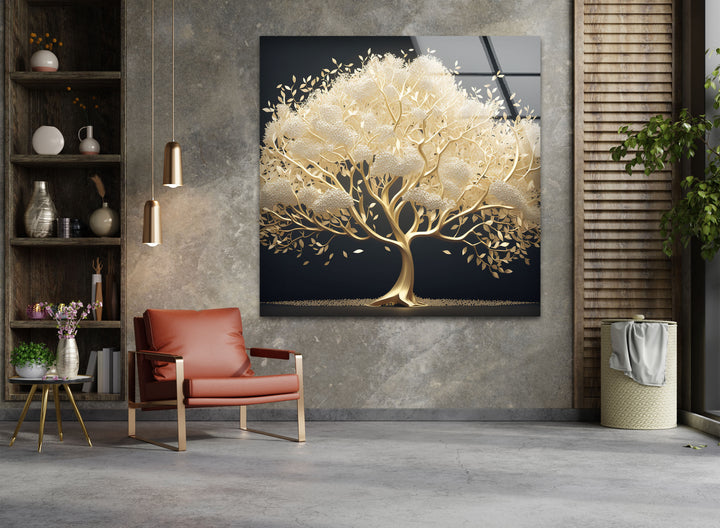 Geometric lines from the rectangular Golden Serenity Tree glass wall art prints complement the linear wooden shelves and slatted screen.