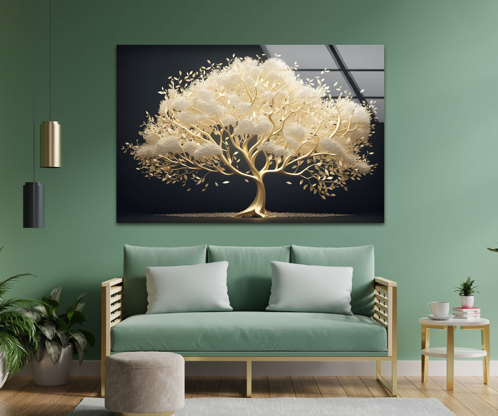 Visual rhythm is expressed through the sweeping golden branches and delicate leaf patterns of the Golden Serenity Tree art from glass.