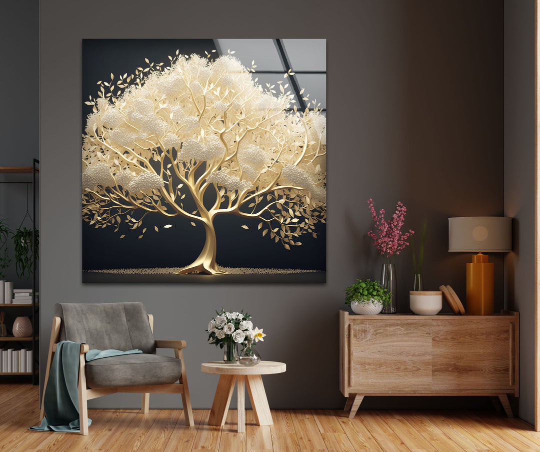 The darkest area, a deep black background, dramatically contrasts with the golden serenity tree on this elegant glass hanging wall art.