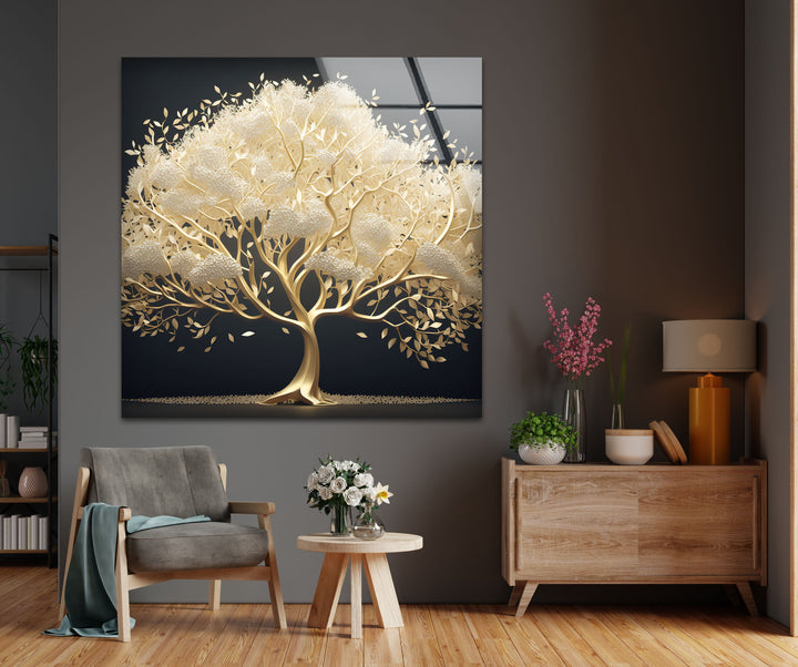 The darkest area, a deep black background, dramatically contrasts with the golden serenity tree on this elegant glass hanging wall art.