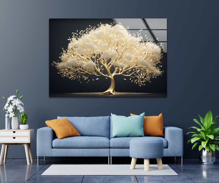 The subtle interplay of light and shadow beautifully highlights the luminous golden tree wall art prints, reflecting the elegant glass art.