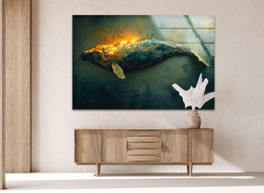 Sunlight casts dramatic shadows across this unique modern wall decor featuring a vintage whale bathed in warm, glowing light.
