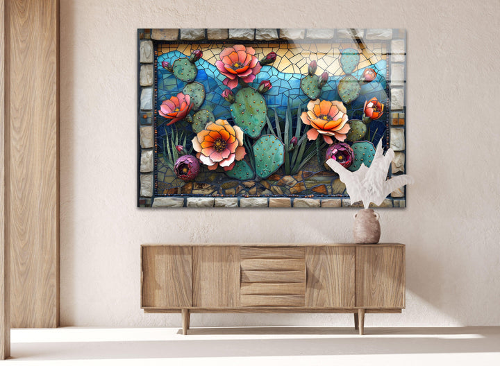 Mosaic Flowering Cactus Glass Wall Art, glass pictures for Wall, glass prints wall art