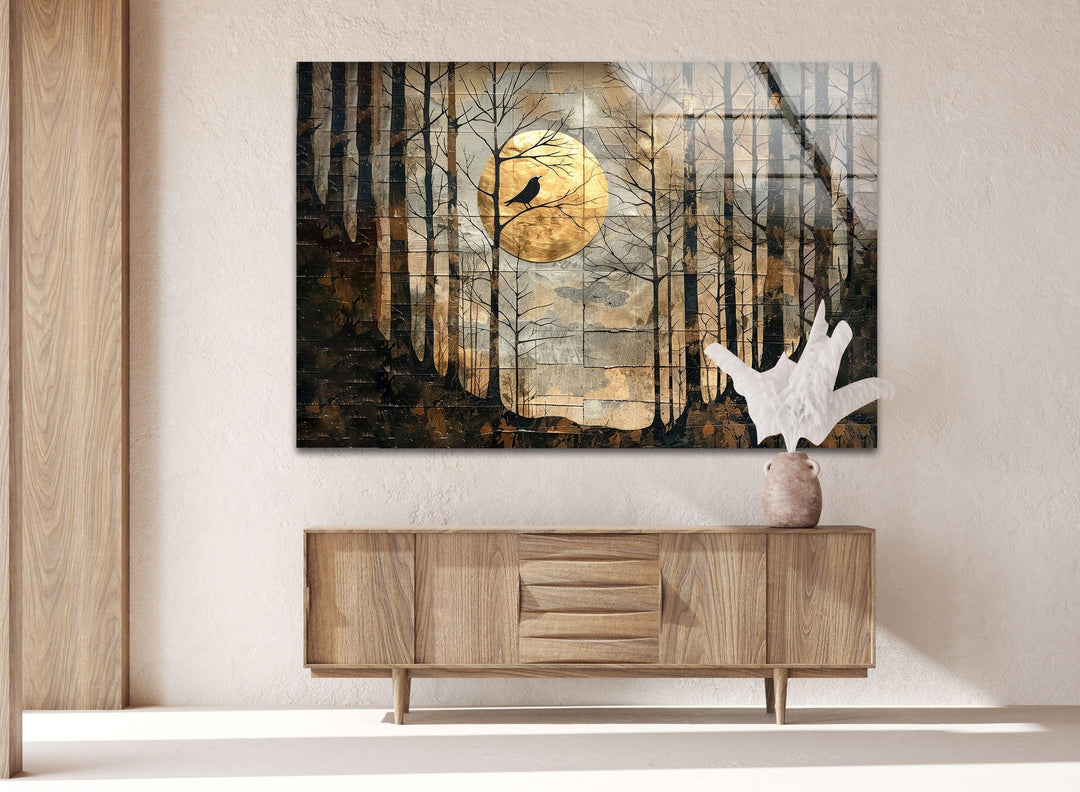 A nature-inspired glass wall art of a forest night, radiating warmth and mystery.
