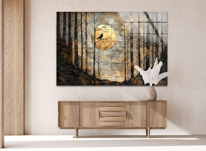A nature-inspired glass wall art of a forest night, radiating warmth and mystery.
