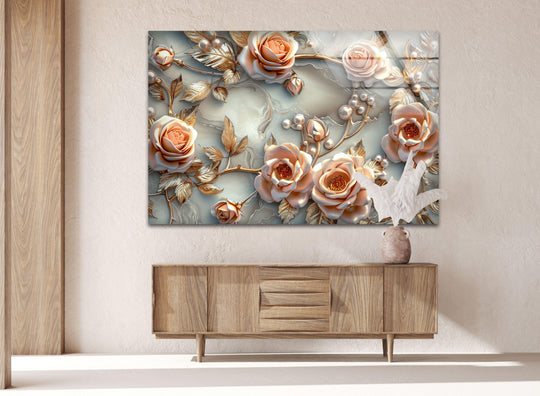 Alternating between the large roses, small buds, and pearl strands creates a captivating visual rhythm in this white pearl floral hanging wall art.