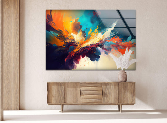 Explosion of Color glass wall art featuring a vibrant abstract layering effect, a unique modern wall decor piece.