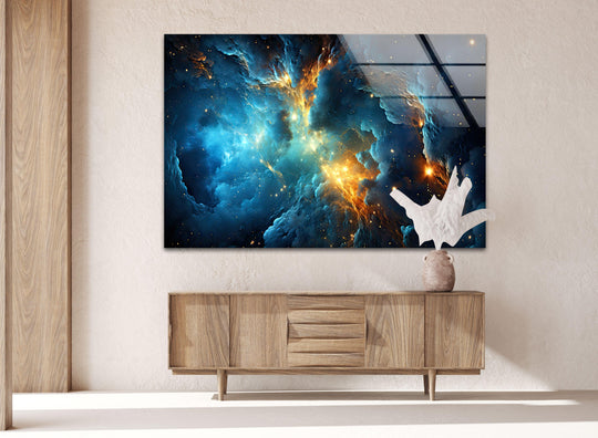 Space wall art blue and gold galaxy motif and ready to hang glass wall art with galaxy art print and space galaxy design