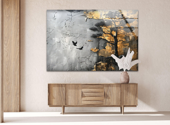 Schwarzer Baum, goldene abstrakte Glaswandkunst