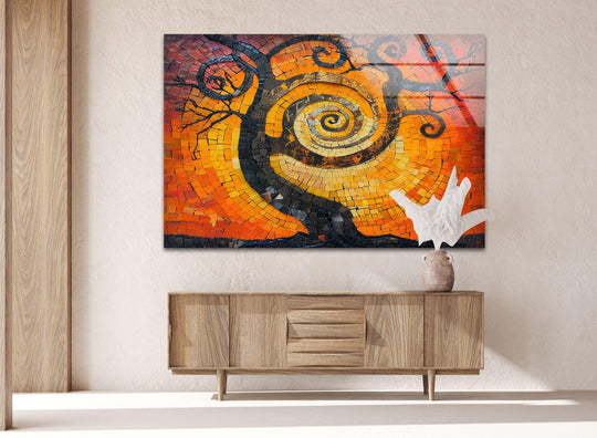 Stained glass wall art orange sunset and tree of life motif plus vivid color tones and modern design with vibrant decor
