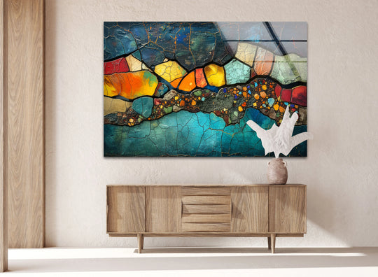Glass wall art with a cracked mosaic edge and abstract colorful stones design, perfect for hanging wall art.