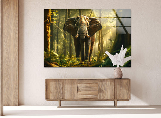 Elephant in The Forest glass wall art shows a brown animal wildlife scene and is framed on clear glass wildlife decor for the home