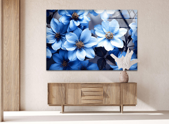 Botanical Blue Flower Glass Wall Art, glass photo prints, glass picture prints