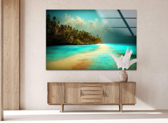 Serene coastal landscape with golden sands and lush greenery on glass wall art.
