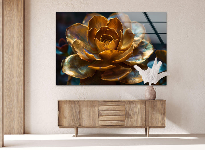 Golden Flower Glass Wall Art, large glass photo prints, glass wall photos