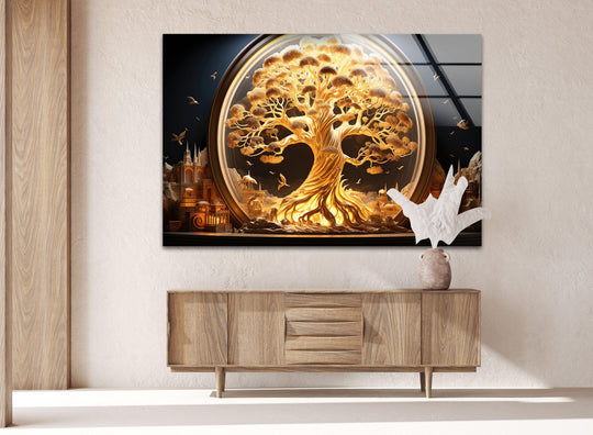 Evoking a serene and gilded mood, this fantasy art print on glass showcases the 'Golden Tree of Life' as dazzling glass art in a softly lit space.