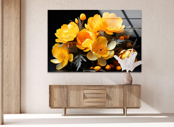 Yellow Peony Bouquet Glass Wall Art, glass photo prints, glass picture prints