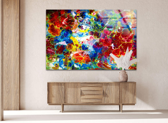Vibrant abstract print wall art showcases a dynamic transition from deep reds and blues to bright yellows and greens.