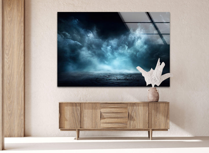 Cinematic mist-covered floor with a glowing blue sky, an elegant glass wall art piece.
