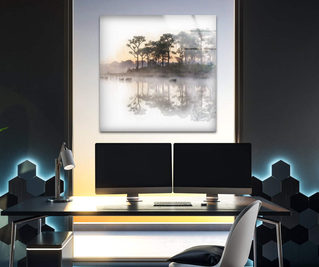 Nature paintings for sale depicting a soft sunrise and trees mirrored on a quiet lake.
