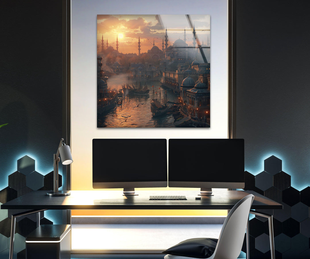 Sunset Istanbul in Ancient Times Glass Wall Art glass photo prints, glass picture prints
