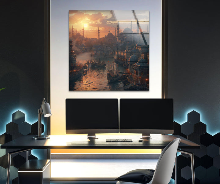 Sunset Istanbul in Ancient Times Glass Wall Art glass photo prints, glass picture prints
