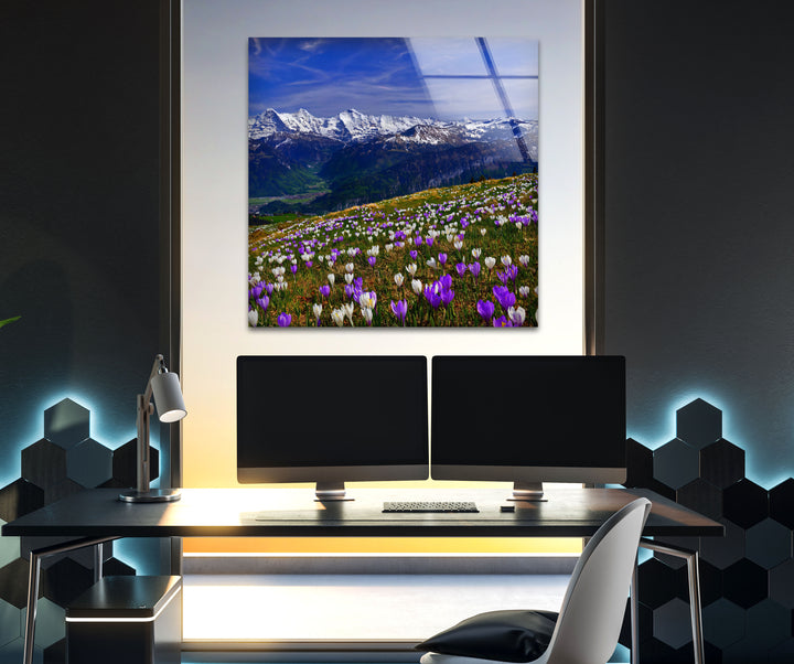 Alpine Meadow Glass Wall Art – Majestic Mountain & Blooming Wildflower Landscape