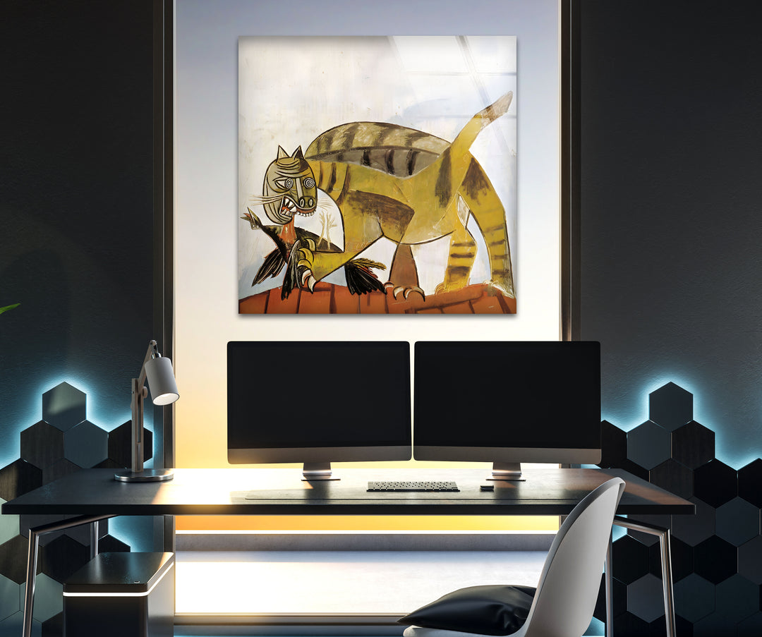 Cat Devouring a Bird by Pablo Picasso Glass Wall Art