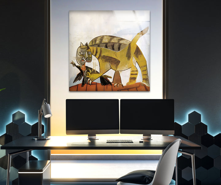 Cat Devouring a Bird by Pablo Picasso Glass Wall Art